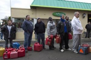 People stand in line for fuel following Hurricane Sandy in Staten Island